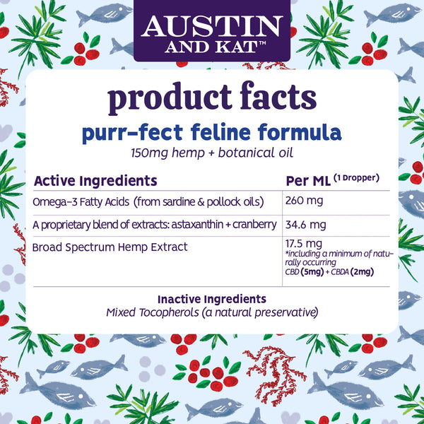 Austin and Kat Feline Support CBD CBDA Oil for Cats and Small Dogs Product Facts, Ingredients