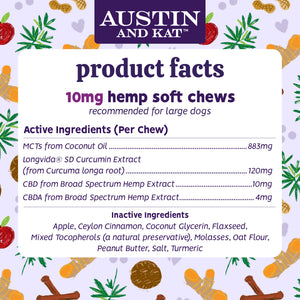 Austin and Kat Everyday Wellness Mobility and Calming CBD Chew for Dogs Product Facts, Ingredients, Dosage 10MG Chews for Small Dogs