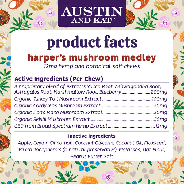 Austin and Kat Mushroom Medley CBD Chew for Dogs Product Facts, Ingredients, Dosage