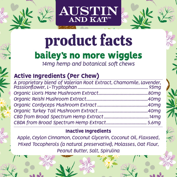 Austin and Kat No More Wiggles Calming CBD Chew for Dogs Product Facts, Ingredients, Dosage