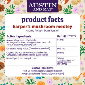 Austin and Kat Mushroom Medley CBD Oil for Dogs and Cats Product Facts, Ingredients, Dosage