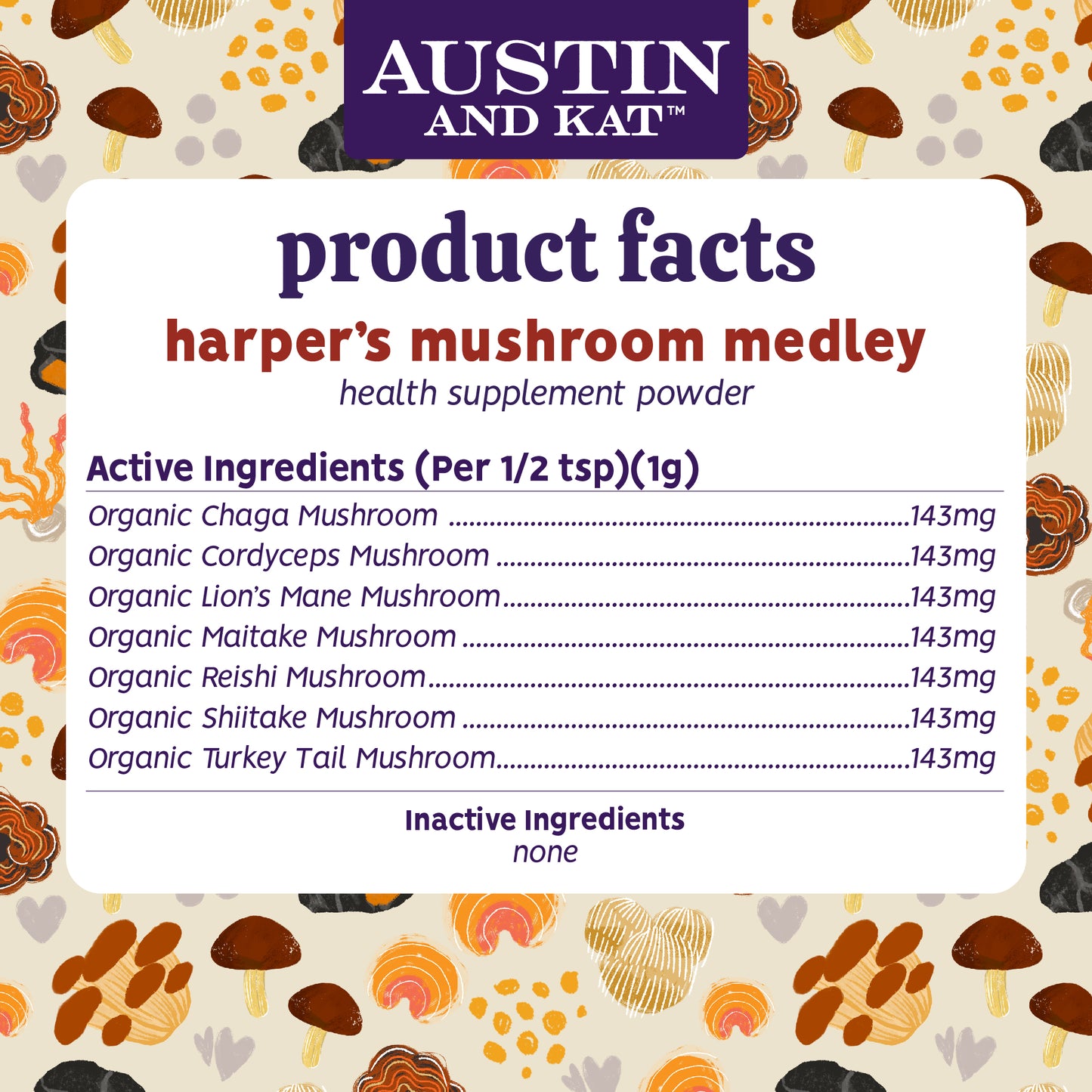 Austin and Kat Mushroom Immunity supplement toppers in clear glass jar with mushroom-shaped label on a wooden surface.