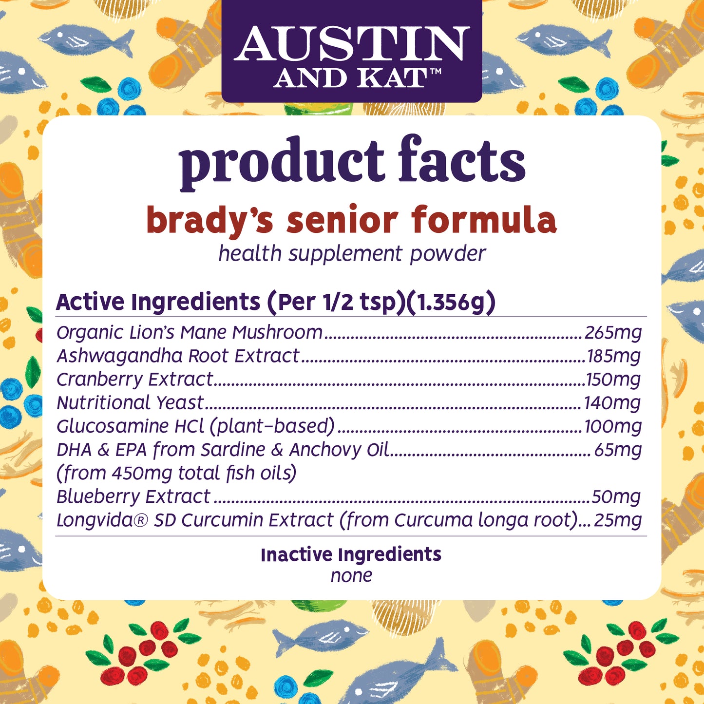 Austin and Kat Senior Support Health Supplement Powder for Dogs Product Facts, Ingredients, Dosage