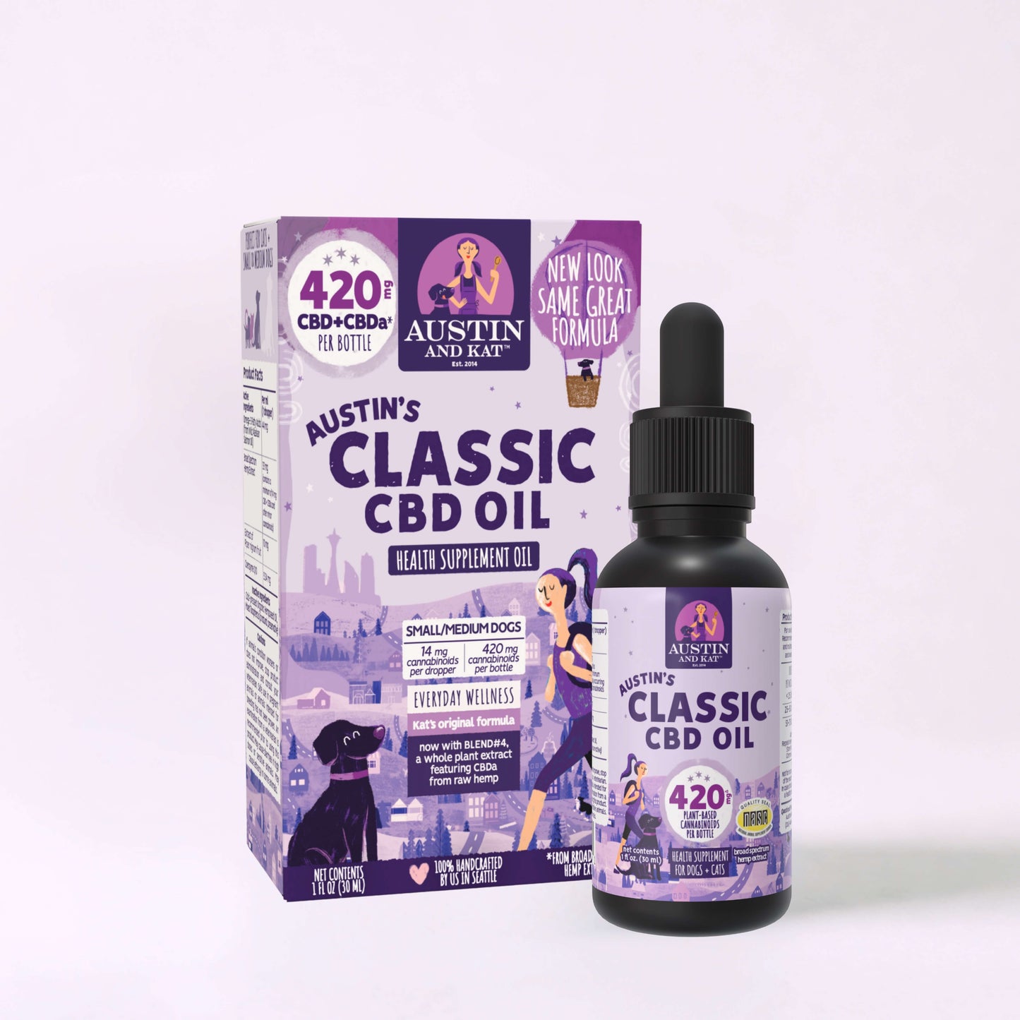 Bottle of Austin and Kat CBD oil for dogs, featuring a dropper cap and label, designed for pet health and wellness.