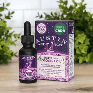Austin and Kat's Extra Strength Hemp + Coconut Oil Blend - Ideal for Large Dogs and Multi-Pet Homes. Handcrafted in-house, using premium US-grown hemp extract and high-quality plant-based oils for long-term cannabinoid benefits.