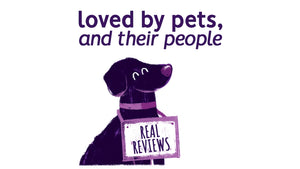 Section header: Cartoon dog (Austin) with 'Real Reviews' sign, text reads 'Loved by pets and their people.