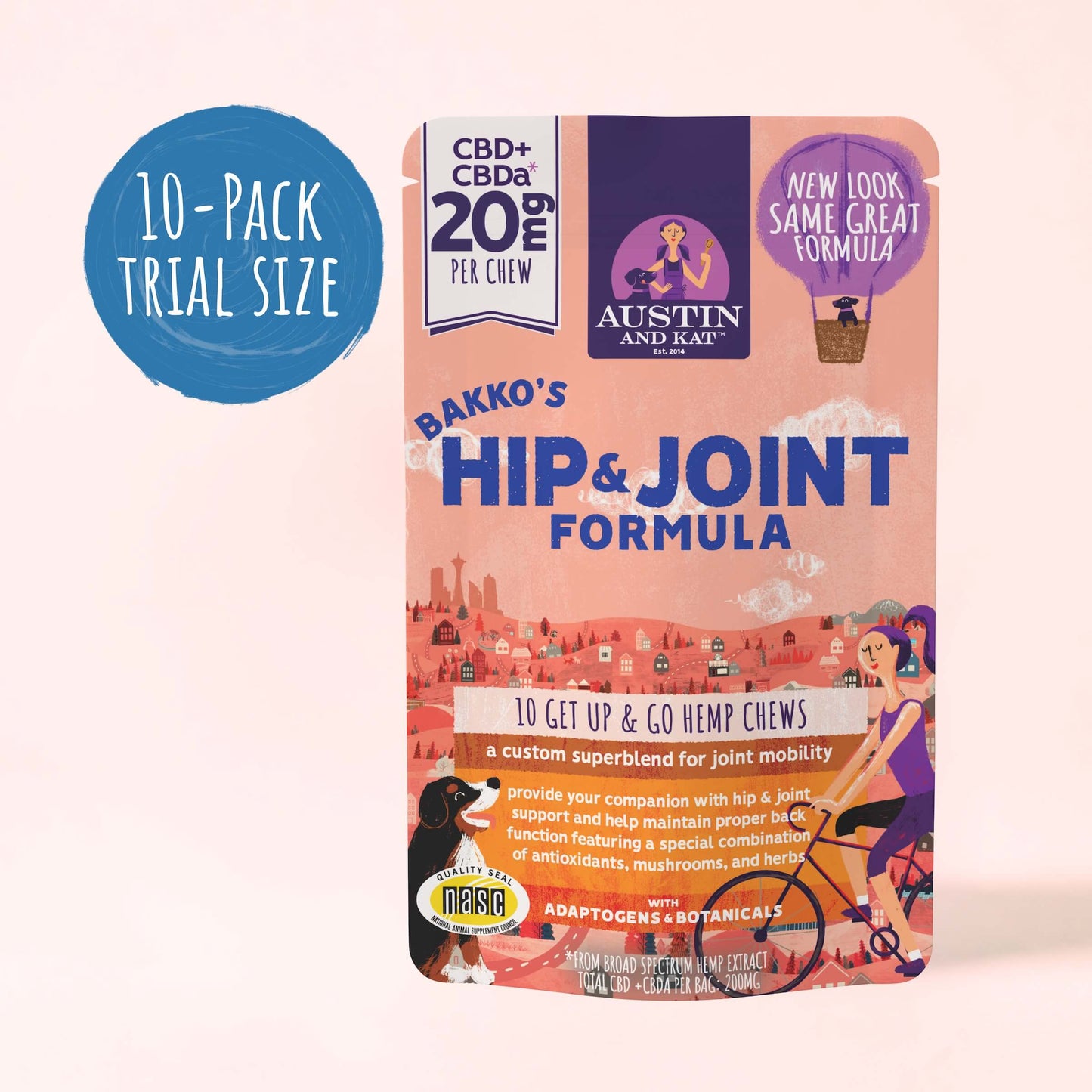 Austin and Kat hip and joint chew for dogs, showing a tasty, durable chew designed to support joint health and mobility.