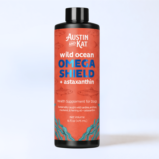Austin and Kat Omega Shield with Astaxanthin supplement bottle showing label and capsules, designed for immune support.