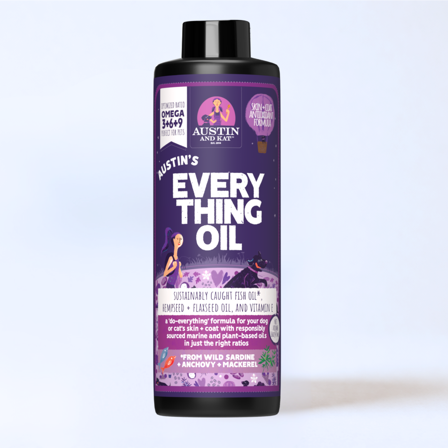 Bottle of Austin's Everything Oil, a natural omega supplement by Austin and Kat, with a clear label and dropper cap on a white background.