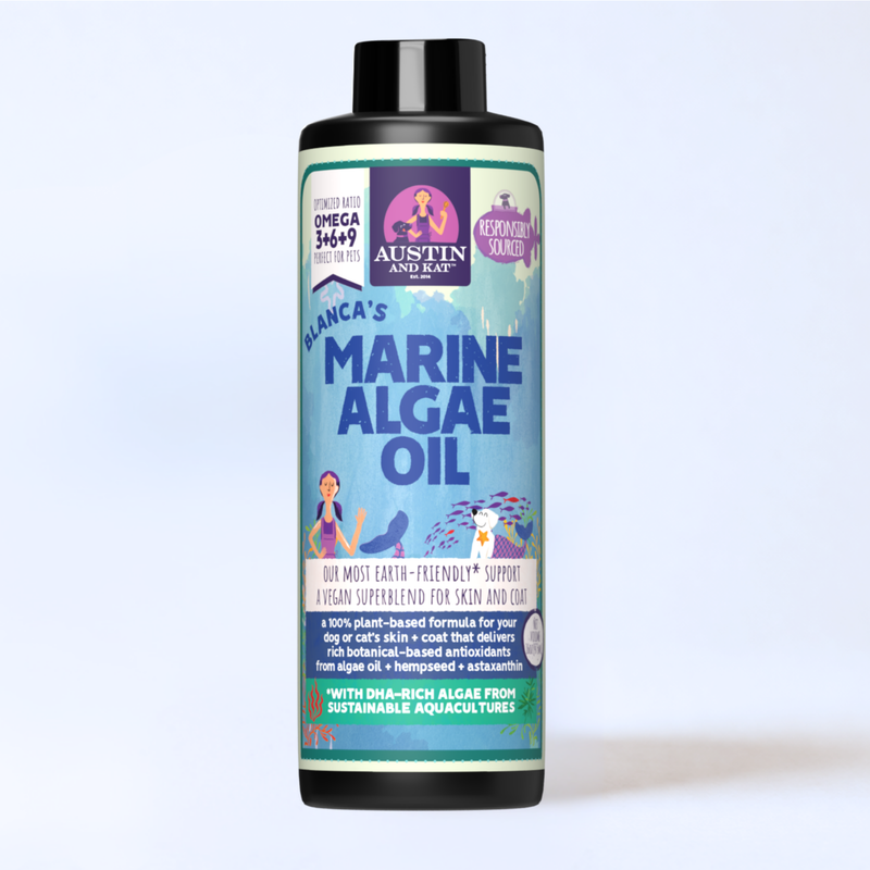 Bottle of Austin and Kat Marine Algae Oil with dropper cap, showing dark green liquid inside, on a white background.