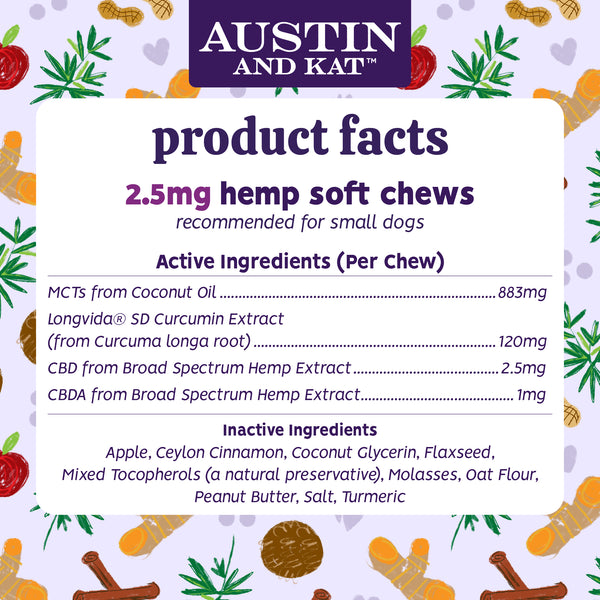 Austin and Kat Everyday Wellness Mobility and Calming CBD Chew for Dogs Product Facts, Ingredients, Dosage 2.5MG Chews for Small Dogs