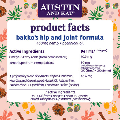 Austin and Kat Hip and Joint Support CBD CBDA Oil for Dogs Product Facts, Ingredients, Dosage