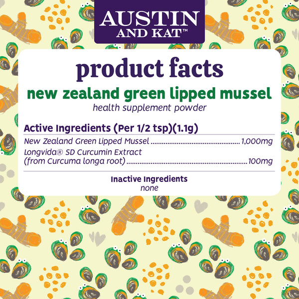 Austin and Kat Green Lipped Mussel Mobility Support Health Supplement Powder for Dogs and Cats Product Facts, Ingredients, Dosage