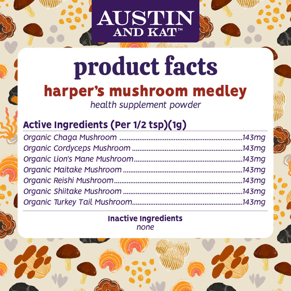 Austin and Kat Mushroom Medley Health Supplement Powder for Dogs and Cats Product Facts, Ingredients, Dosage