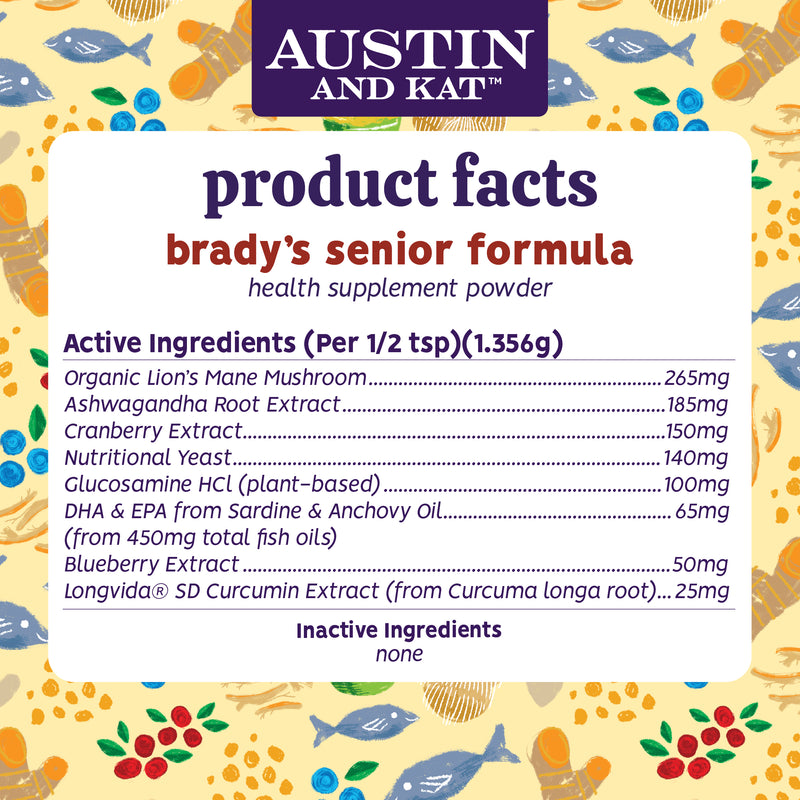 Austin and Kat Senior Support Powder in a clear container, showing the powder's fine texture, designed for senior health support.