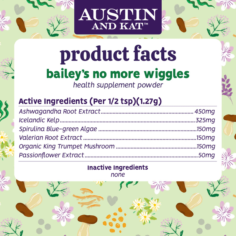 Austin and Kat No More Wiggles Powder in a container, designed to help reduce joint discomfort in pets.