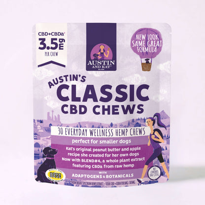 Three Austin and Kat Small Batch CBD Soft Chews, Classic Hemp Bites with 3.5mg CBD each, on a white background.