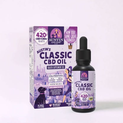 Bottle of Austin and Kat CBD oil for dogs, featuring a dropper cap and label, designed for pet health and wellness.