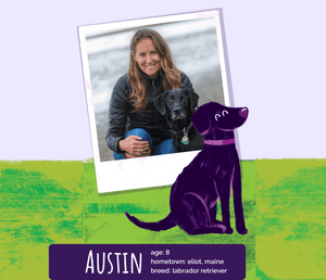 Real life founder Kat, and her dog Austin. CBD oil with coconut oil, CoQ10 and piperine developed to support Austin's health and wellness.