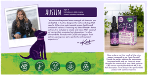 Real-life founder Kat, and her dog Austin in image, with text describing formula creation: 'simple and clean combination of hemp and coconut oil, elevated with coQ10 and piperine.' Extra strength concentrated formula for 'perfectly well-rounded support, suitable for large dogs and multi-pet homes.' Icons: 3rd party tested, effective dosing, female-founded, clean ingredients, high active ingredients.