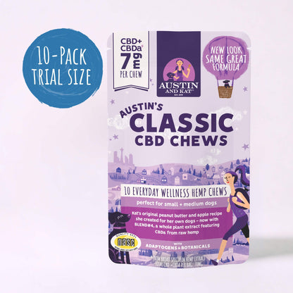Austin and Kat Classic CBD+CBDa Chews in oil form, featuring a small bottle with CBD oil drops and a dropper applicator.