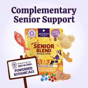 Austin and Kat Senior Dog support meal powder combines best in class botanical powders for complementary senior support.