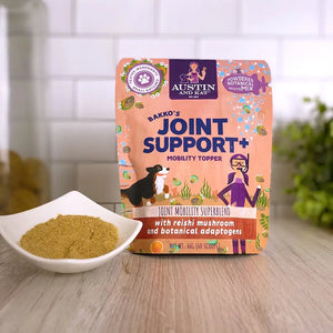 Austin and Kat's Joint Mobility Botanical Topper - A next-generation formula with five curated ingredients for proven joint support. Featuring sustainably sourced green-lipped mussel, powerful botanicals such as boswellia serrata, reishi mushroom, and plant-based glucosamine, along with clinically backed Longvida SD™ curcumin extract from turmeric.
