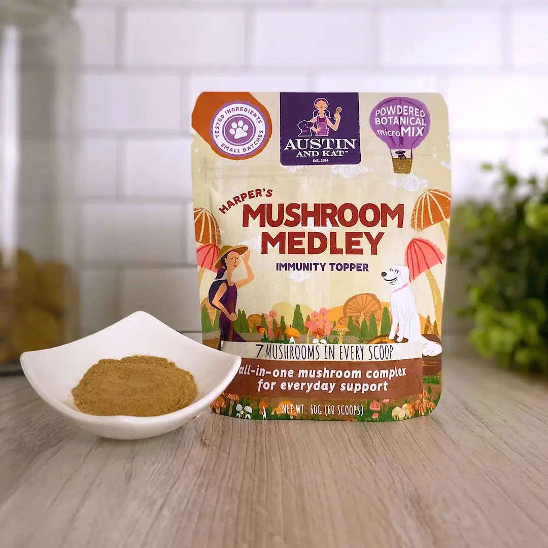 Austin and Kat's Immune System Meal Topper - Elevate Your Pup's Health with Chaga, Reishi, and Lion's Mane. Crafted to help pups on their journey to top-dog status, this synergistic blend of seven USDA Organic mushrooms naturally rich in polysaccharides and beta-glucans delivers adaptogenic fungi in one convenient serving