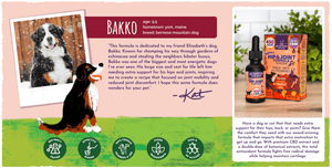 Real life inspiration for our unique mobility supporting hemp and botanical formulas - Bakko the bernese mountain dog pictured. Developed to specifically support dogs like Bakko who loved to explore throughout his life, but needed extra support in hips and joints. Icons: 3rd party tested, effective dosing, female-founded, clean ingredients, high active ingredients.