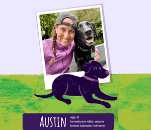 Real life founder Kat, and her dog Austin. CBD Soft Chews with Peanut Butter and Apple developed to support Austin's health and wellness.