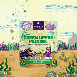 Austin and Kat Green Lipped Mussel Mobility Support Health Supplement Powder for Dogs and Cats with Botanicals and Adaptogens