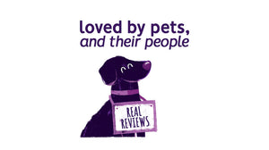 Section header: Cartoon dog (Austin) with 'Real Reviews' sign, text reads 'Loved by pets and their people.