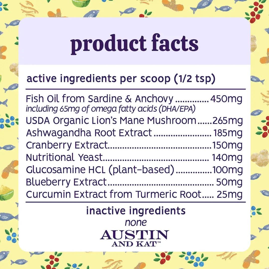 Austin and Kat Natural Botanical, Mushroom, Adaptogen Supplement Meal Topper for Dogs and Cats - Senior Pet Support Formula - product facts ingredients