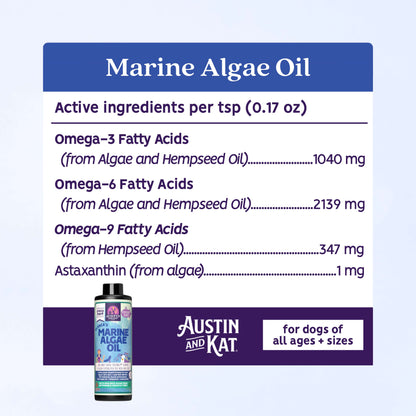 Bottle of Austin and Kat Marine Algae Oil omega supplement showing the label and algae oil capsules inside.