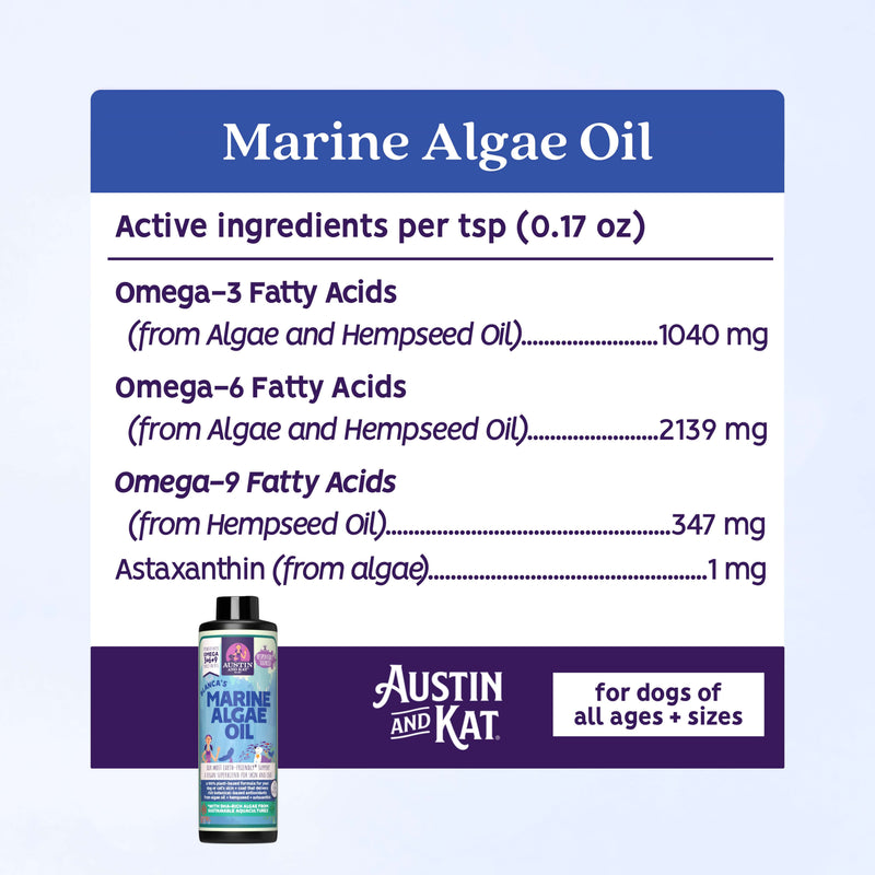 Bottle of Austin and Kat Marine Algae Oil omega supplement showing the label and algae oil capsules inside.