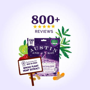 Austin and Kat CBD Hemp Chews for Dogs with best-in-class whole plant hemp extracts and over 800 five star reviews