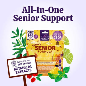 Austin and Kat CBD Soft Chew for Senior dogs combines best in class botanical extracts with minimally processed whole plant hemp extract, rich in CBD + CBDA, for all-in-one senior support.