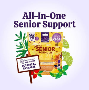 Austin and Kat CBD Soft Chew for Senior dogs combines best in class botanical extracts with minimally processed whole plant hemp extract, rich in CBD + CBDA, for all-in-one senior support.