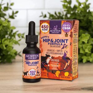 Austin and Kat's Hip and Joint CBD Oil for Dogs - A specialized formula for hip, joint, and back support. Featuring Broad Spectrum Hemp Extract, this blend combines the power of Cinnamon, New Zealand Green Lipped Mussel, and Astaxanthin, working with our new BLEND#4 whole plant hemp extract with CBD+CBDA to maintain your pup's mobility.
