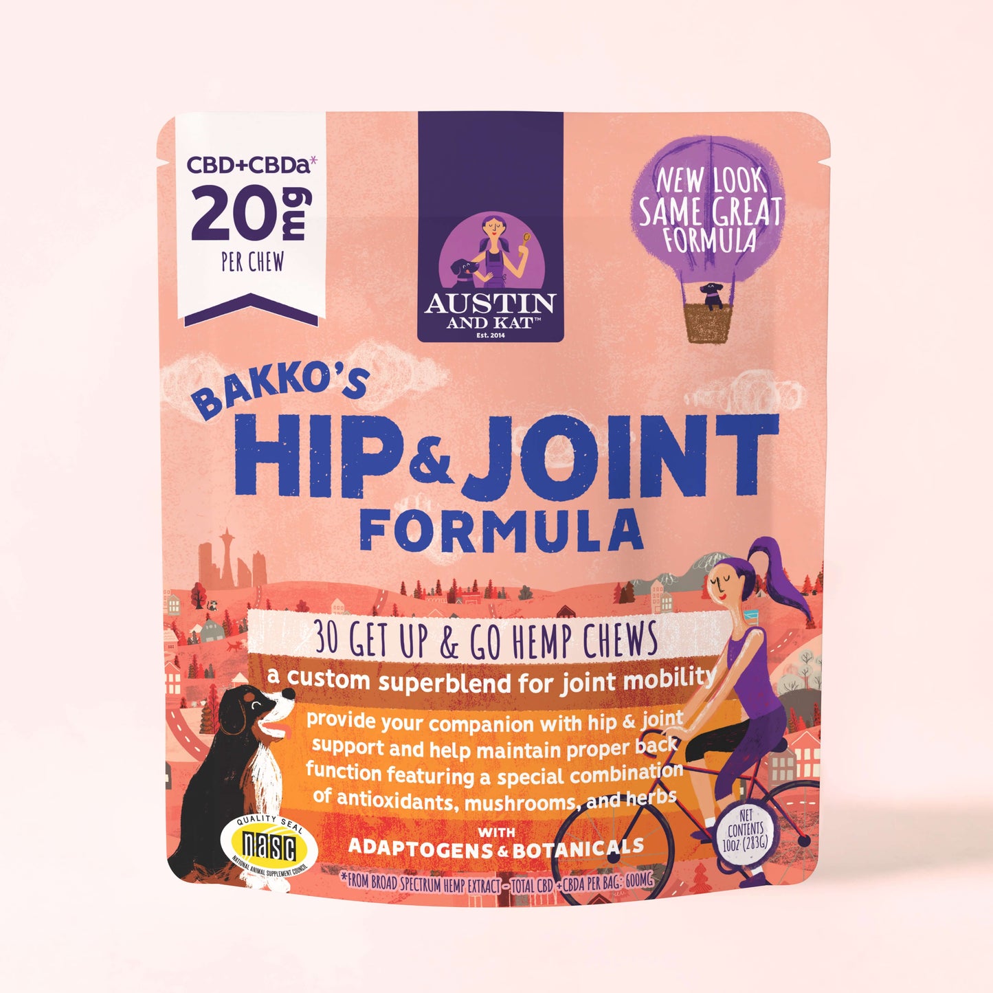 Austin and Kat Hip and Joint Chew in functional hemp bites, showing a close-up of the chewy treat with hemp ingredients.