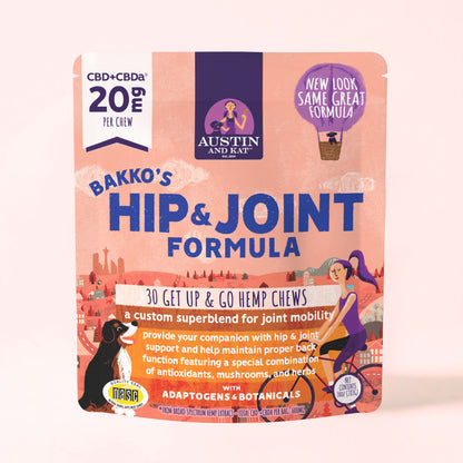 Austin and Kat Hip and Joint Chew in functional hemp bites, showing a close-up of the chewy treat with hemp ingredients.