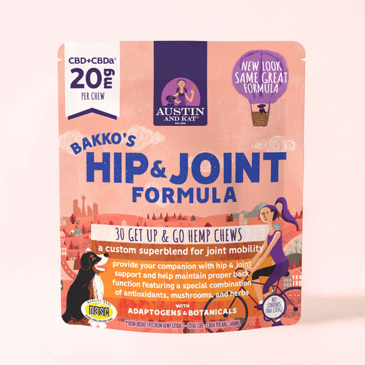 Austin and Kat Hip and Joint Chew in functional hemp bites, showing a close-up of the chewy treat with hemp ingredients.