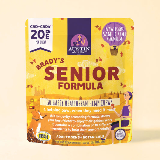 Austin and Kat Senior Blend Chew, functional hemp bites for seniors, with visible soft, chewy texture and natural ingredients.