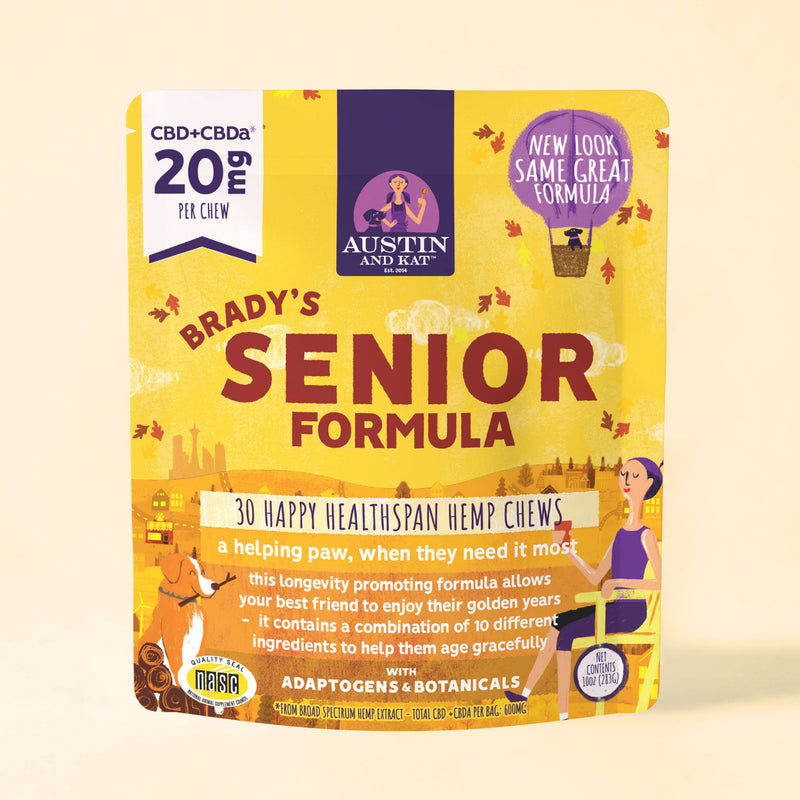 Austin and Kat Senior Blend Chew, functional hemp bites for seniors, with visible soft, chewy texture and natural ingredients.