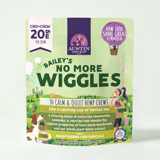 Natural hemp bites for dogs from Austin and Kat No More Wiggles Chew showing the chewy, textured treat in a close-up image.
