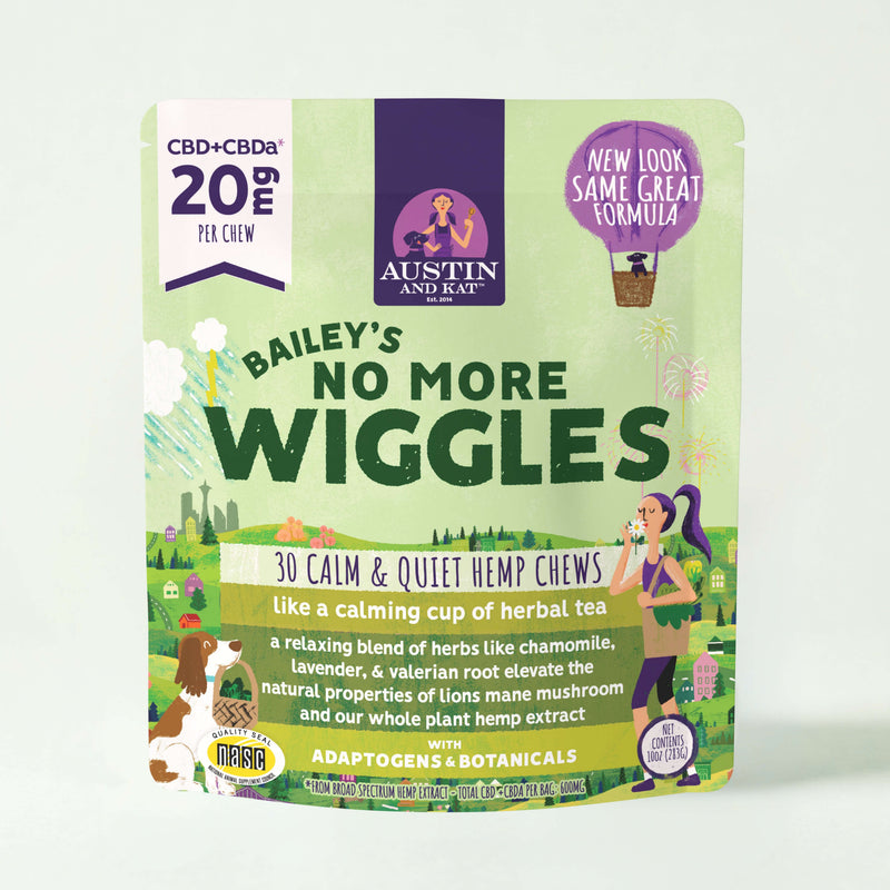 Natural hemp bites for dogs from Austin and Kat No More Wiggles Chew showing the chewy, textured treat in a close-up image.