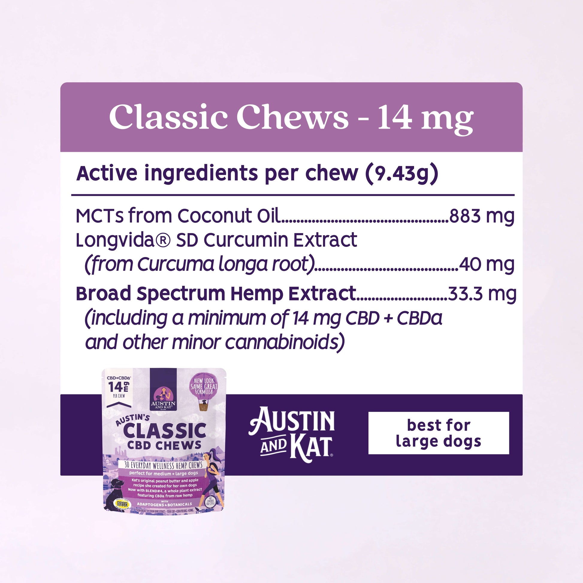 Austin and Kat Classic Hemp Bites Classic Soft Chew 10-Pack with soft, chewy texture and hemp flavor in a clear package.
