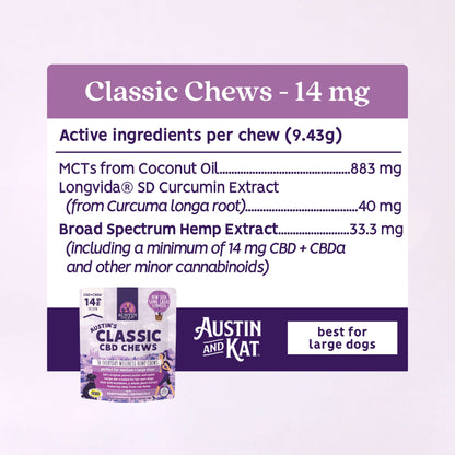 Austin and Kat Classic Hemp Bites Classic Soft Chew 10-Pack with soft, chewy texture and hemp flavor in a clear package.