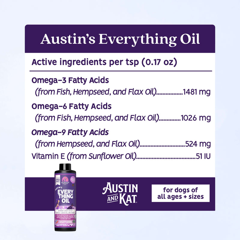 Bottle of Austin's Everything Oil, an omega supplement by Austin and Kat, featuring a clear label and natural ingredients.
