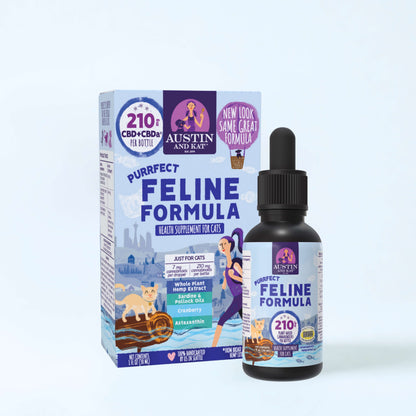 CBD oil for cats by Austin and Kat, featuring a dropper bottle with feline-themed packaging and a calm, relaxed cat nearby.